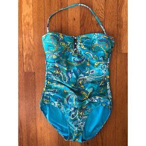 Lauren Ralph Lauren Size 6 Blue Green Paisley One Piece Swimsuit Halter Ruching